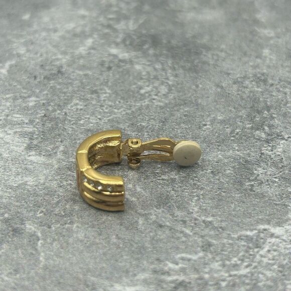 Givenchy Gold Tone Half Hoops Clip On Earrings Rhinestones Elegant G Logo - Picture 8 of 9